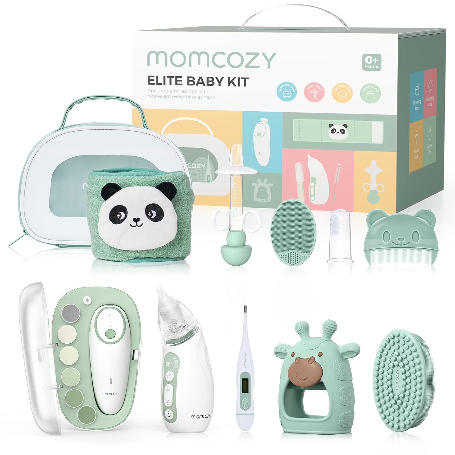 Momcozy Elite Baby Kit Pflegesets, Premium Baby Shower & Erstausstattungs-Set, für Pflege & Gesundheit & Reinigung, Elektrische Nagelfeile & Nasensauger, Wärmegürtel, Thermometer, Badebürste, Beißring