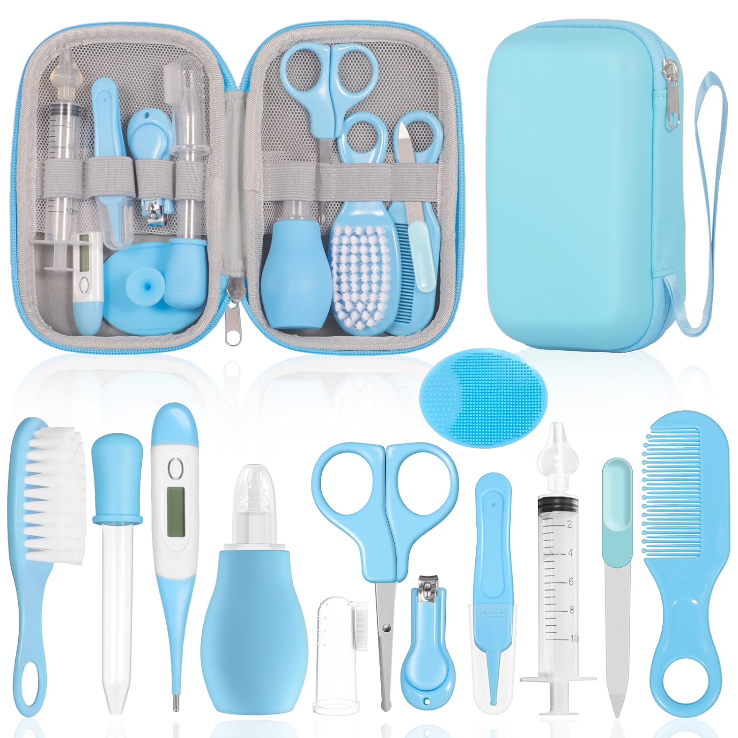 DEPAR Baby Pflegeset, 13-Teiliges Set, Baby Pflegeset Neugeborene,Ausgestattet Mit Baby Nagelschere, Baby Bürste und Anderen Verschiedenen Babysicherheits-Sets, Baby Daily Care Essentials (Blau)