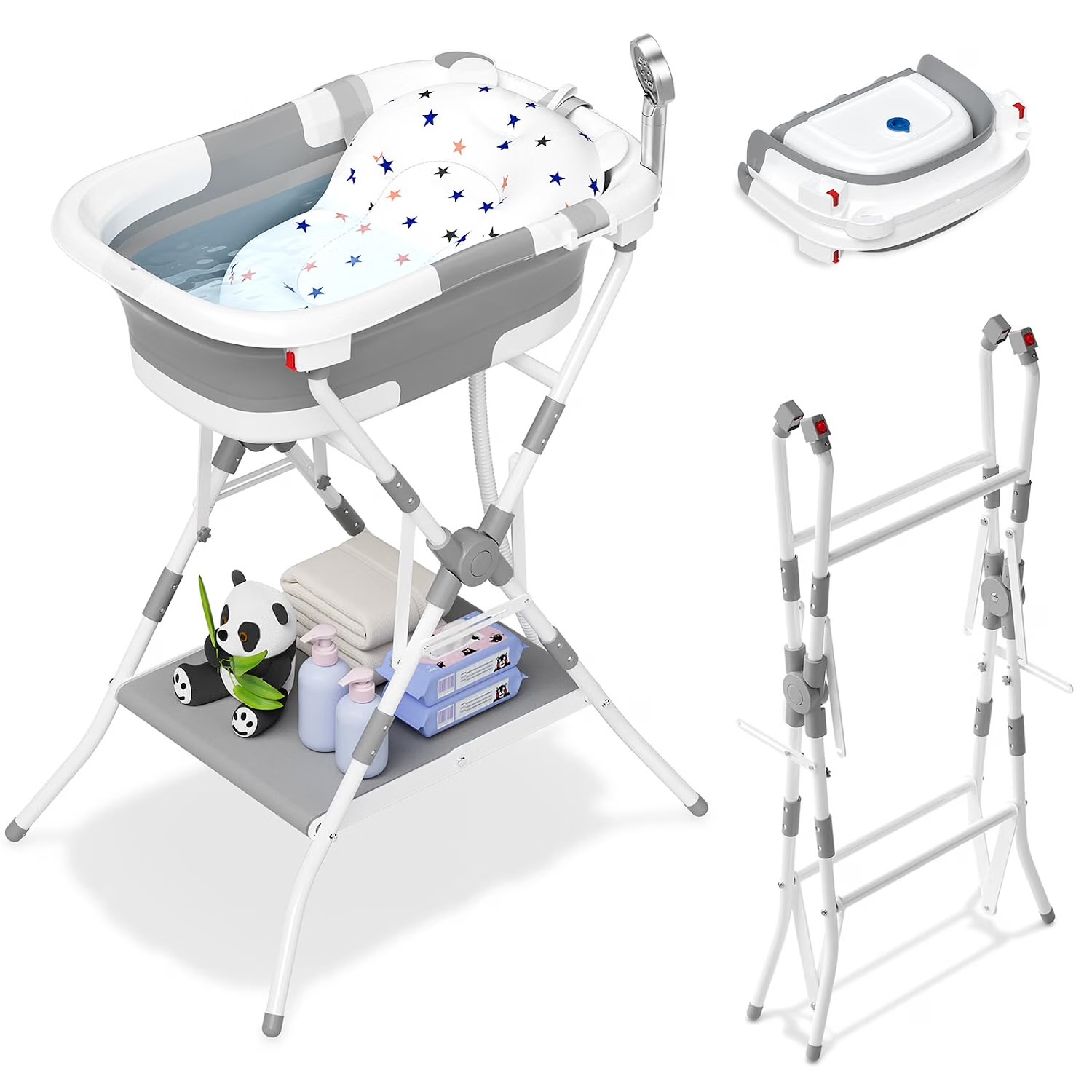 Faltbare Babybadewanne mit Gestell, Babywanne mit Rutschfestem Ständer und Badematte, Baby Badewanne mit Speicherplattform für Neugeborene und Kleinkinder Gräulich Weiß