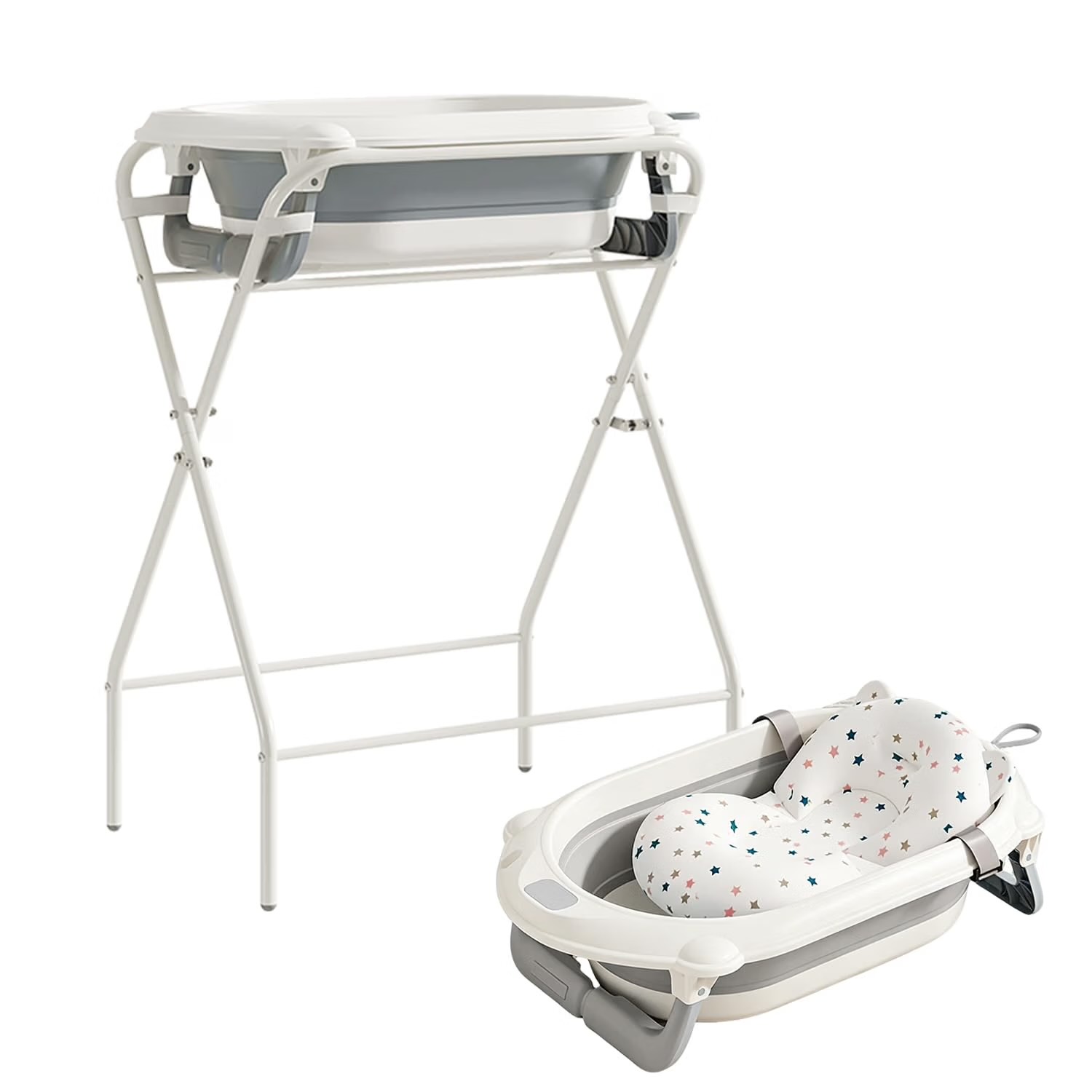 faltbare Babybadewanne mit Gestell, Wasserthermometer & Stützkissen, ergonomische Wanne für Neugeborene bis 12 Monate (Grau)