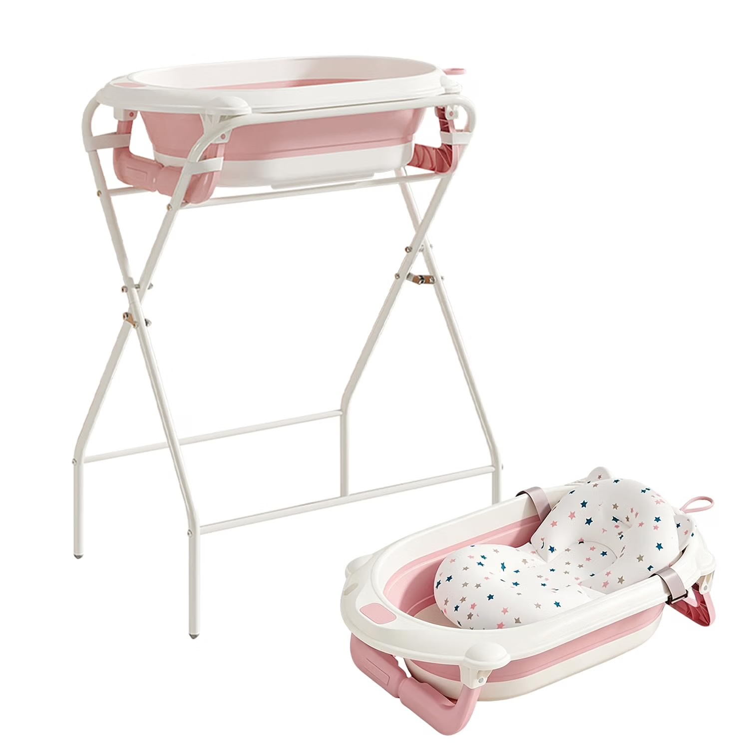 faltbare Babybadewanne mit Gestell, Wasserthermometer & Stützkissen, ergonomische Wanne für Neugeborene bis 12 Monate (Rosa)