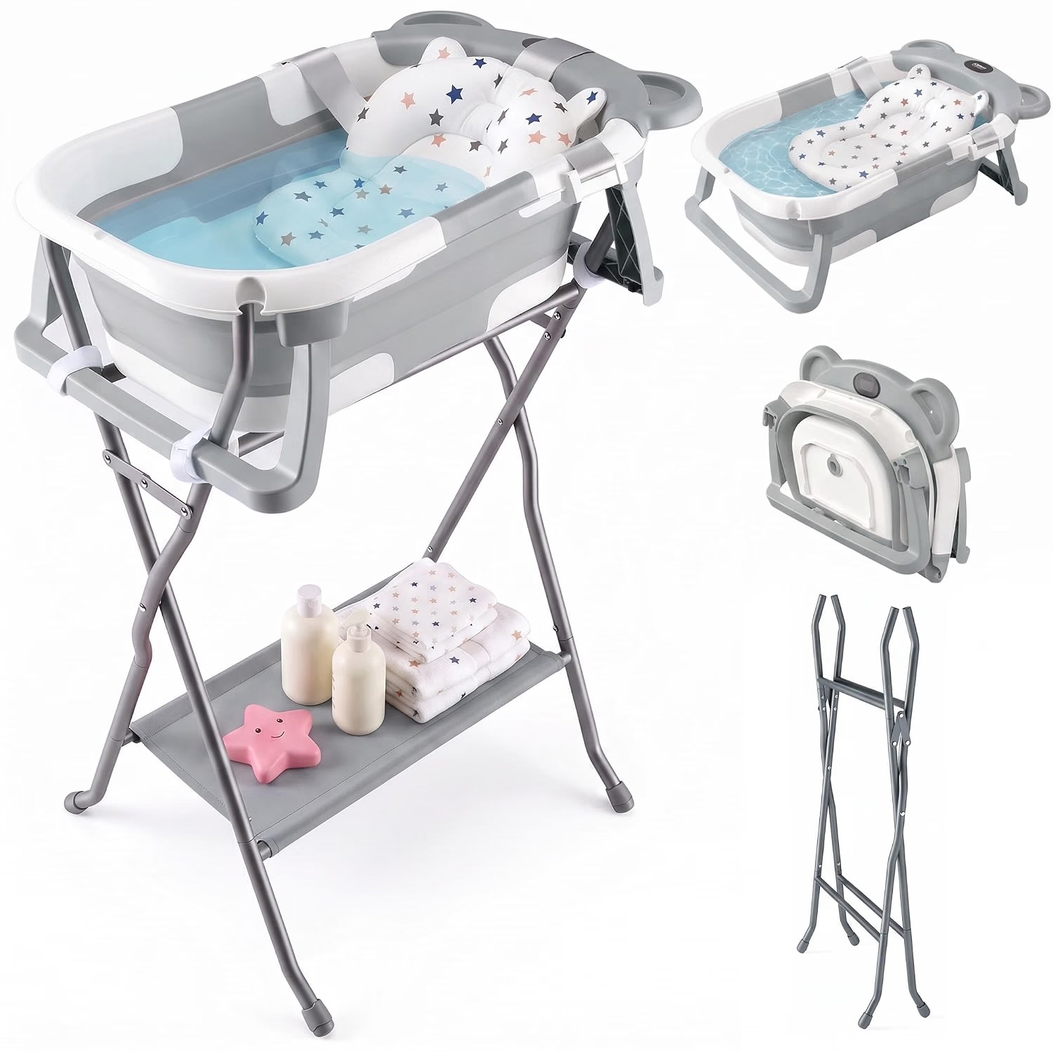 Faltbare Babybadewanne mit Ständer, 3‑in‑1 Multifunktionswanne mit Thermometer & Badematte, rückenschonender Ständer, für Haustiere & Wäscheständer, Babys 0‑18 Monate