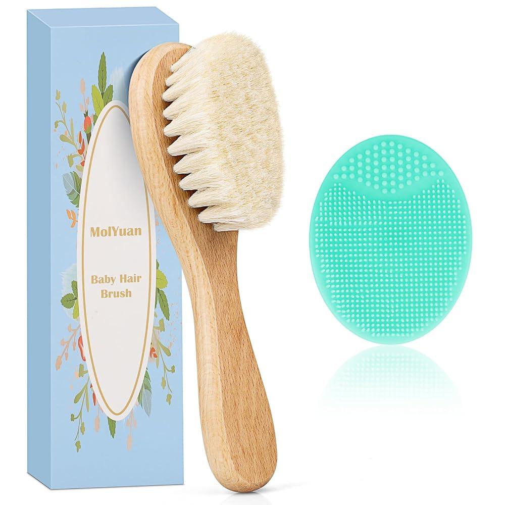 Baby Haarbürste, Hölzerne weiche ziegenhaarbürste, Baby Rosenrot Silikon Haar Cradle Cap Pinsel Set für Neugeborene, Kleinkinder, Haarbürste Baby Set (2PCS (Grün Silikonbürste+Haarbürste))