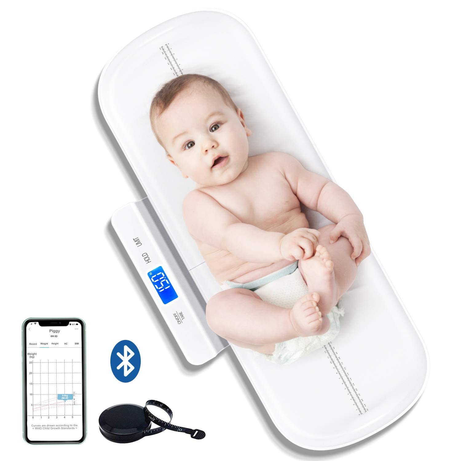UNICHERRY UNICHERRY Bluetooth Babywaage, Tierwaage, Multifunktionale baby waage mit herausnehmbarem Tablett, Babywaage digital mit Tara- und Haltefunktion, kostenlose App und Batterien (max: 100 kg)