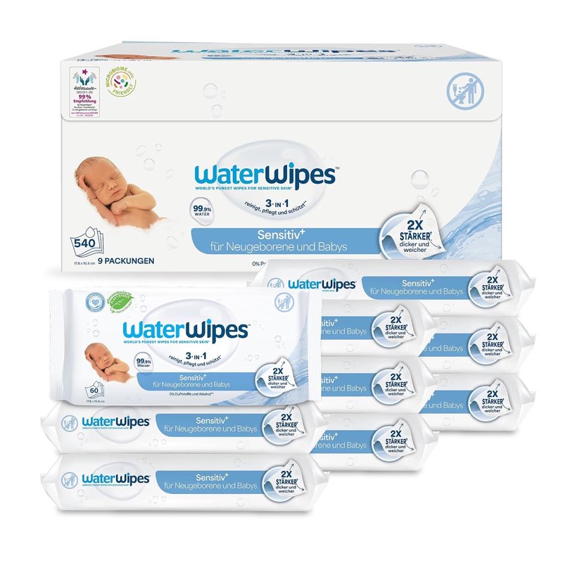 WaterWipes Sensitive+ Baby-Feuchttücher, 540 Stück