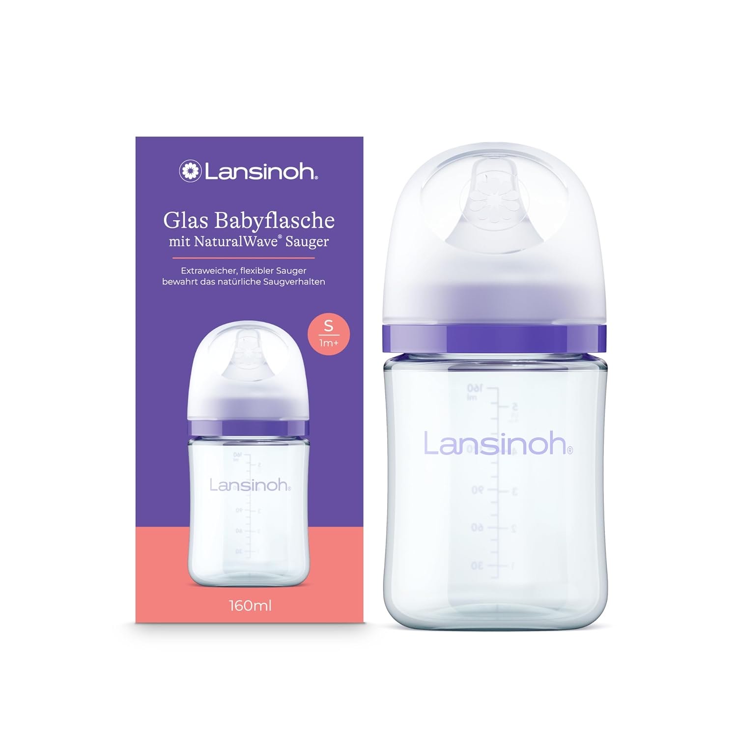 Lansinoh Glas Babyflasche mit NaturalWave Sauger S, 160 ml