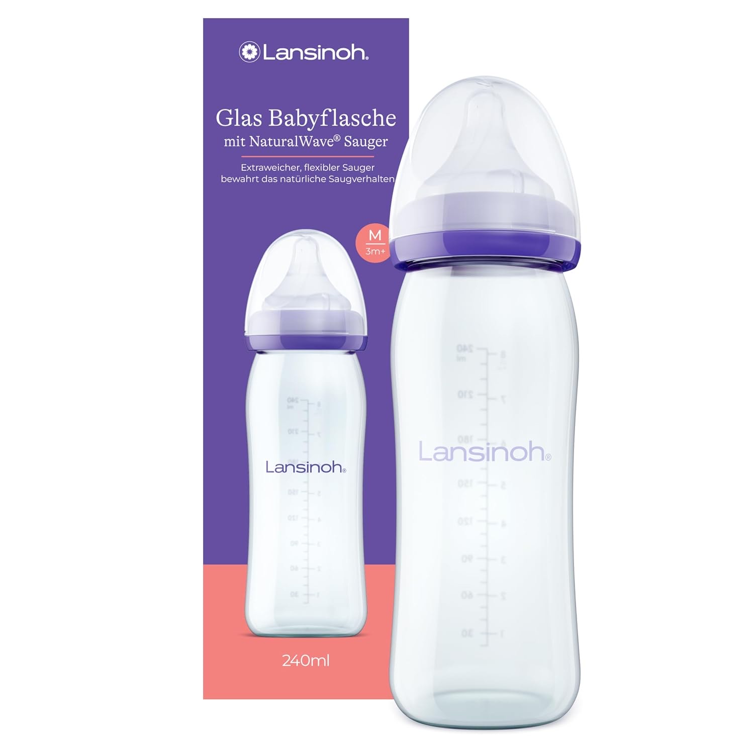 Lansinoh Glas Babyflasche mit NaturalWave Sauger M, 240 ml