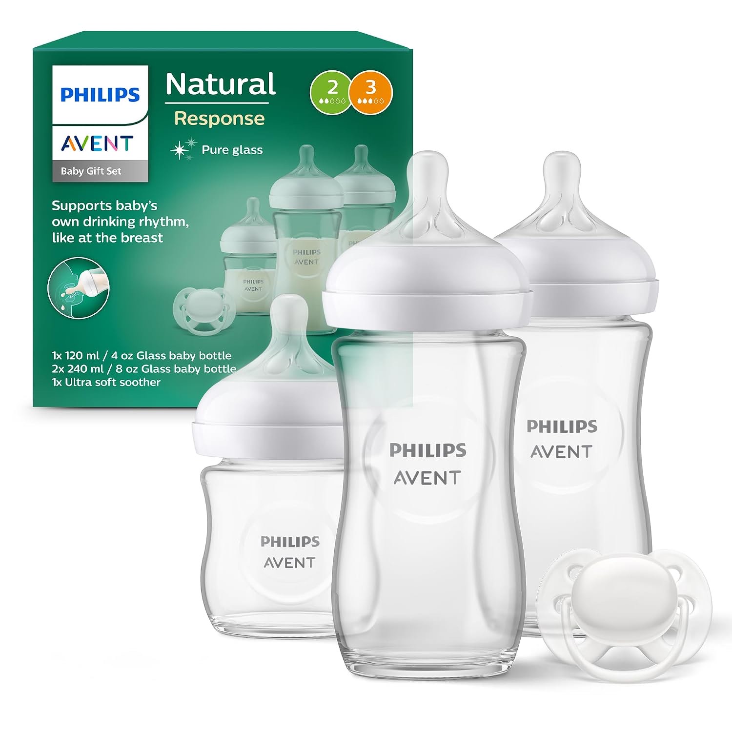 Philips Avent Glas-Babyflaschen Geschenkset Natural Response, 3× 240 ml