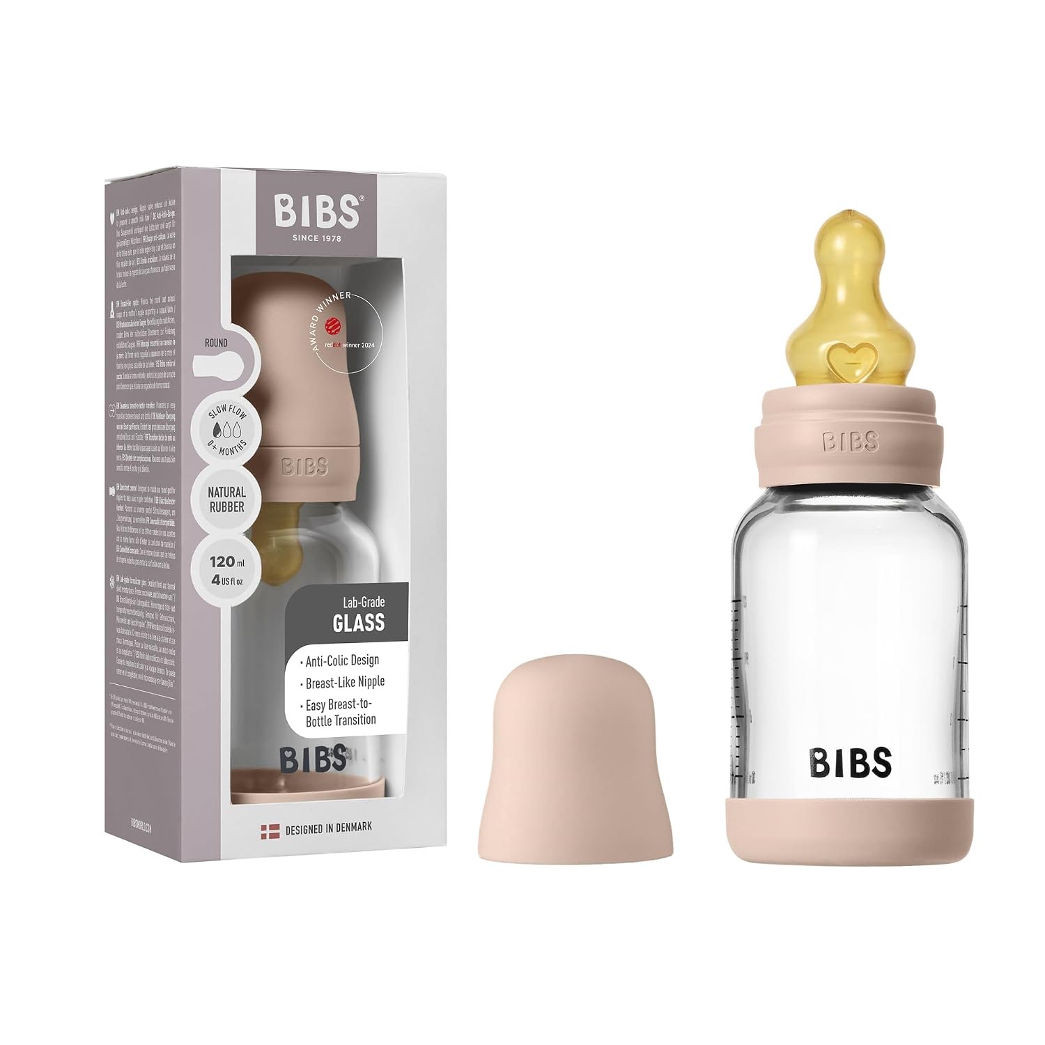 BIBS Babyflasche aus Glas, 120 ml, Naturkautschuk-Sauger, Blush
