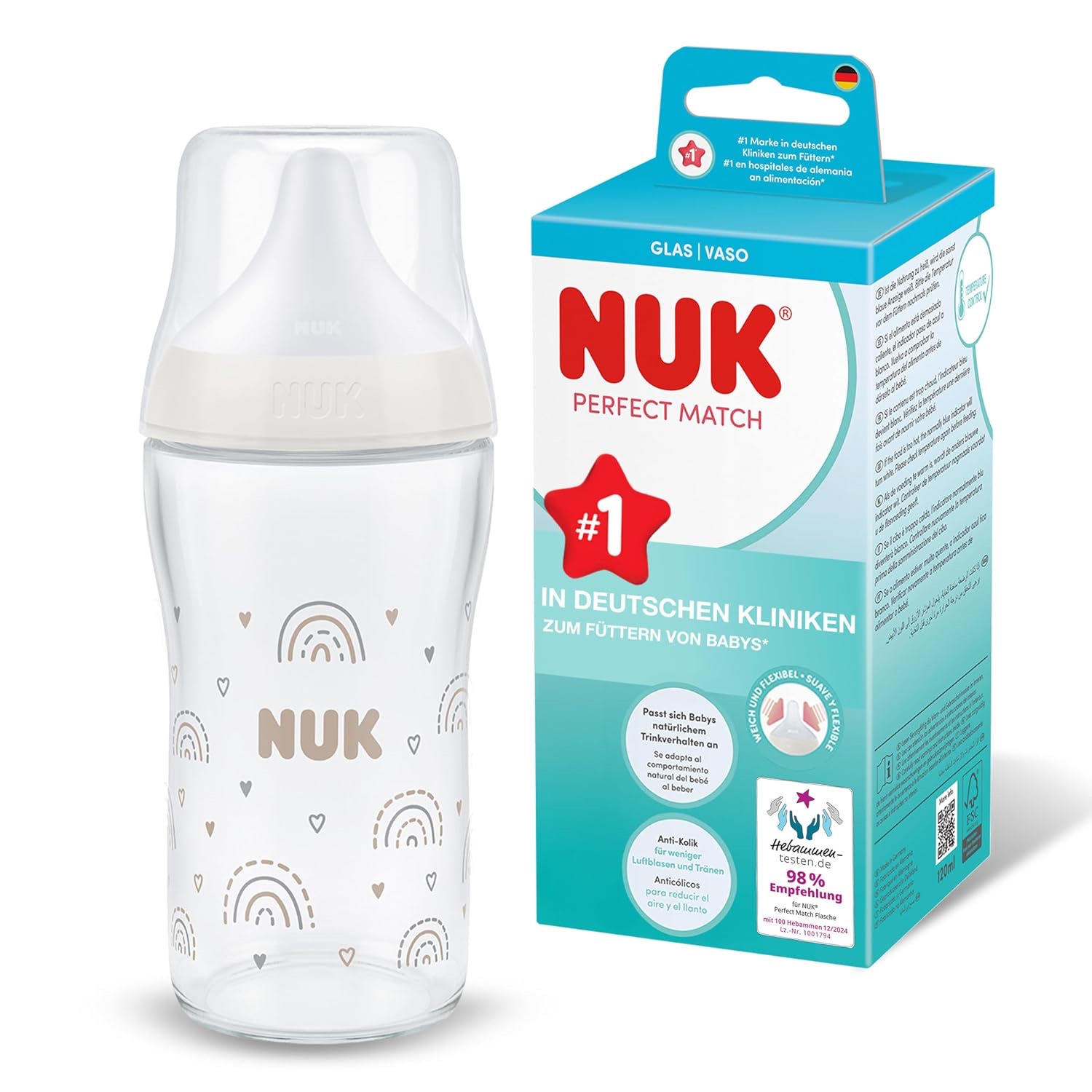 NUK Perfect Match Babyflasche Glas, 230 ml, Temperature Control