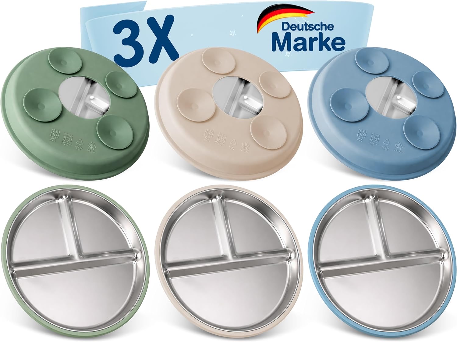 Mutkind Edelstahl Babyteller mit Saugnapf, 3er