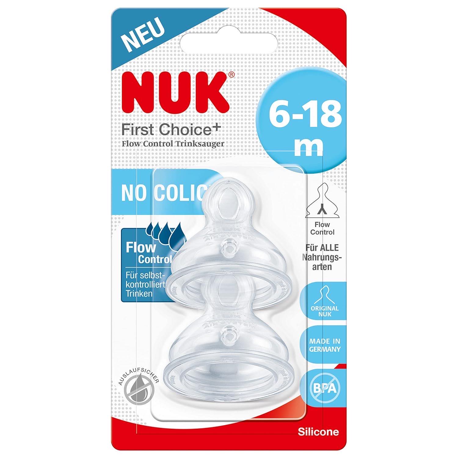 NUK First Choice+ Flow Control Trinksauger für Babyflaschen | 6–18 Monate | Anti-Colic-Ventil | 2 Stück