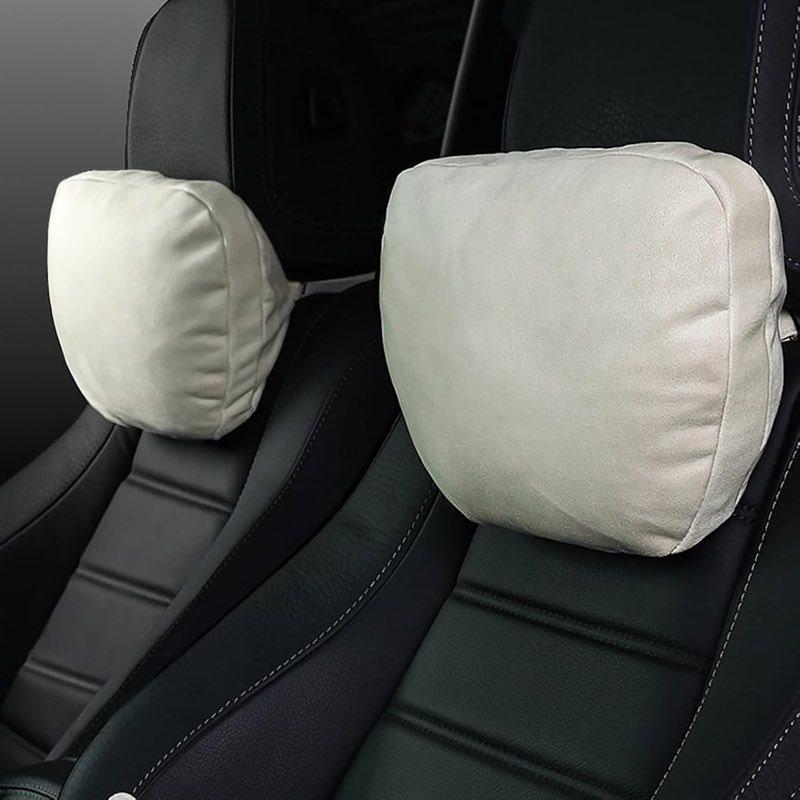 2stk Auto-Nackenkissen, Kopfstütze Auto Nackenstütze für Fahrersitze, Superfiber Wildleder, pflanzenbasiertes Polyester, Dicke/Höhe verstellbar, 30x19cm, füllbares Innenfutter (Elfenbeinweiß)