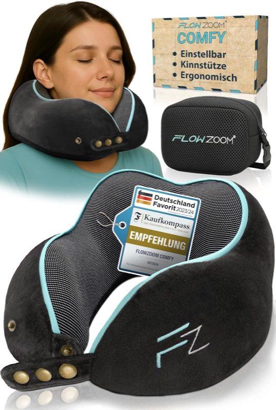 FLOWZOOM Comfy Nackenkissen für Flugzeug & Auto - Einstellbares Memoryschaum Nackenhörnchen mit flexiblen Druckknöpfen für 360° Stütze, atmungsaktiver waschbarer Bezug - inkl. Beutel - Schwarz