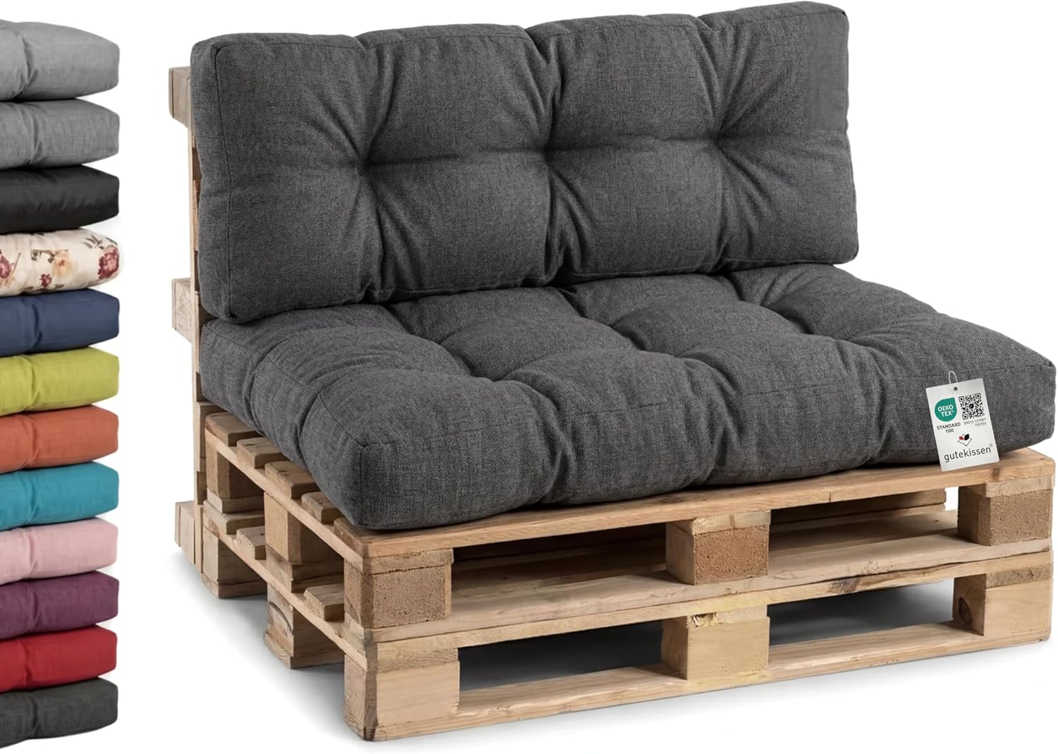 Gutekissen® Palettenkissen, Gartensofakissen, Gesteppte Kissen gefüllt mit granuliertem Poulirette-Schaum, viele Farben und Größen PPI (Set (Sitzkissen 120x80 +Rückenlehne 120x40), Anthrazit)