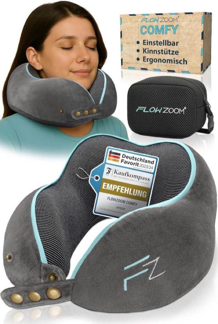 FLOWZOOM Comfy Nackenkissen Flugzeug & Auto - Einstellbares Memory Foam Reisekissen mit flexiblen Druckknöpfen für 360° Stütze, atmungsaktiver weicher Bezug - inkl. Transportbeutel - Grau