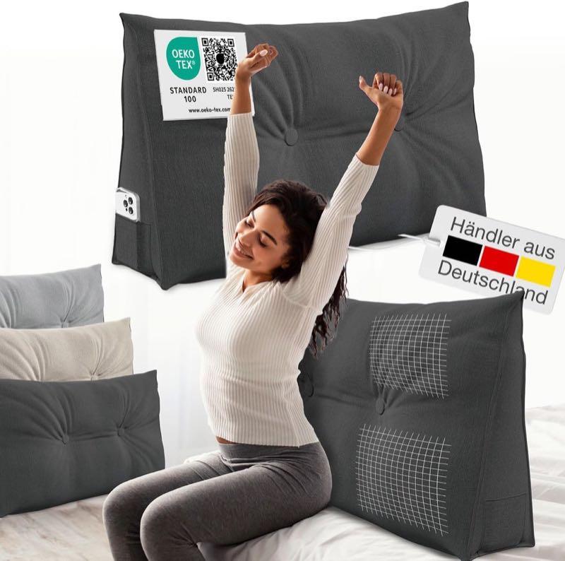 ELONEO Rückenkissen 70 cm breit, Keilkissen für Bett und Sofa geeignet, dreieckiges Lesekissen, Kissen mit abnehmbarem und waschbarem Bezug, mit praktischem Seitenfach