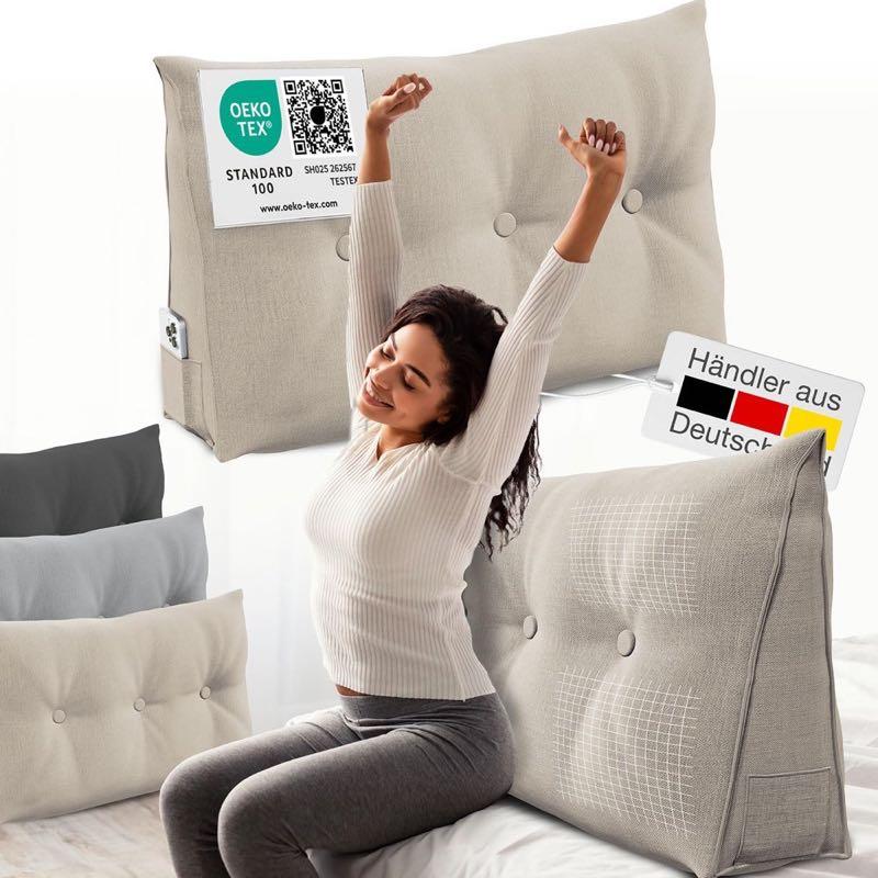 ELONEO Rückenkissen 100 cm breit, Keilkissen für Bett und Sofa geeignet, dreieckiges Lesekissen, Kissen mit abnehmbarem und waschbarem Bezug, mit praktischem Seitenfach