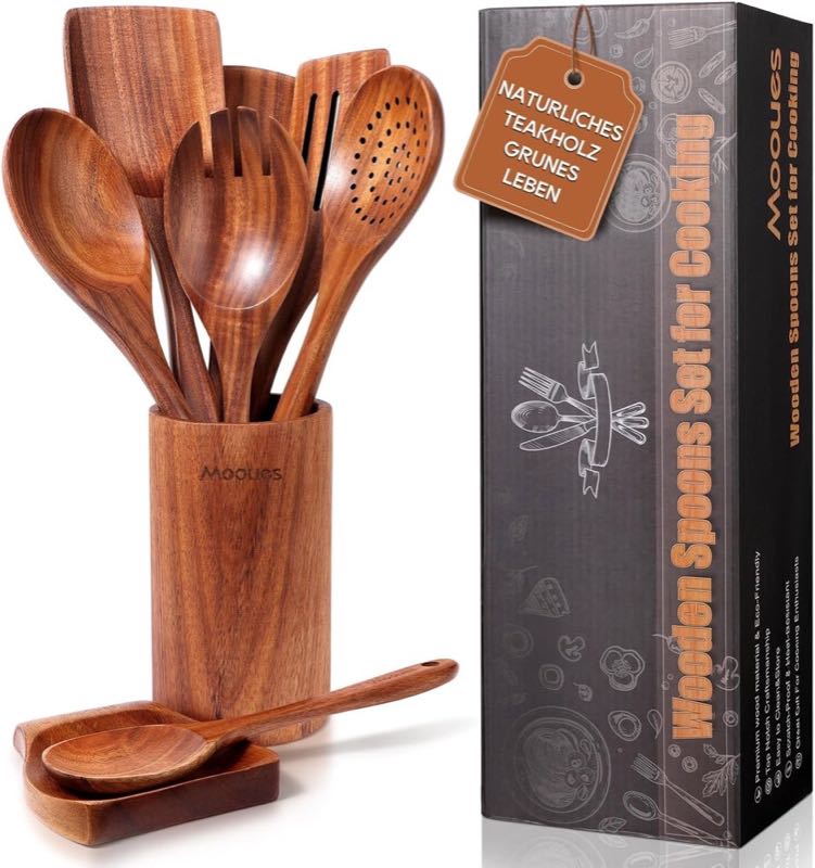 Mooues Kochlöffel Holz Set Teak 9 mit Halter – Testsieger im Kochlöffel Holz-Vergleich