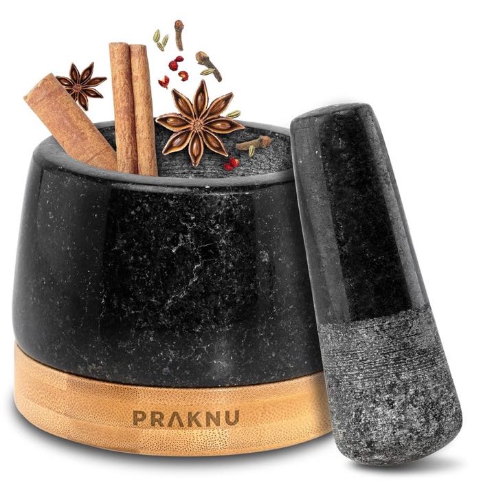 Praknu Mörser Granit 10 cm mit Holzuntersetzer