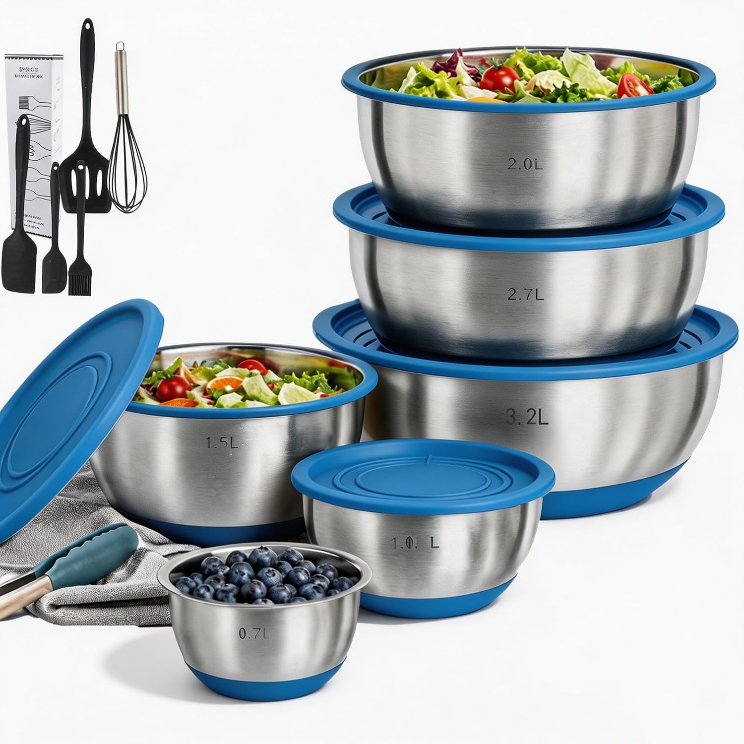 Snrtevu Edelstahlschüssel-Set (Blau/Silikon)