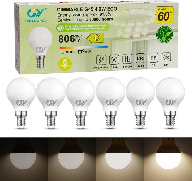 GY E14 G45 dimmbar, 4,9 W, 807 lm, 4000 K, Klasse C, 6er