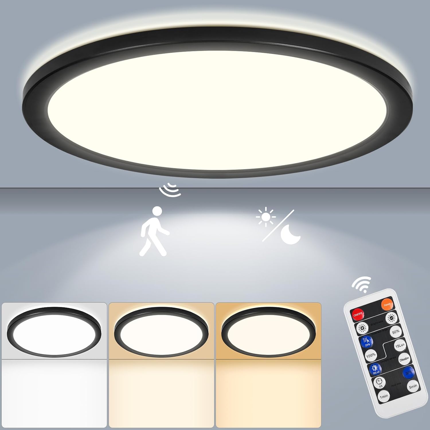 LEZOE LEZOE LED Deckenleuchte mit Bewegungsmelder, 24W 2650LM, φ30×2,5 cm