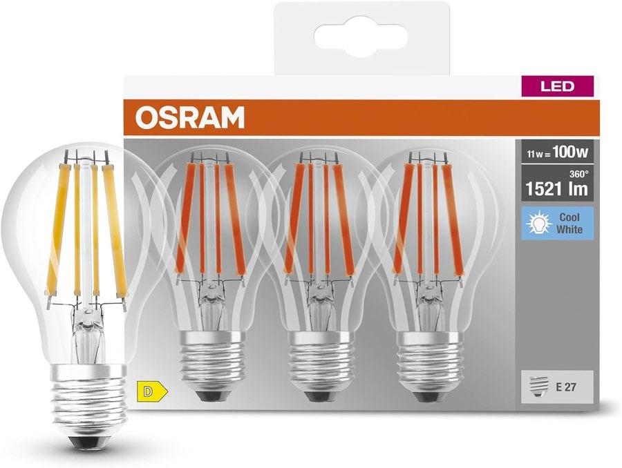 Osram E27 klar, 11 W, 1.521 lm, 4000 K, Klasse D, 3er