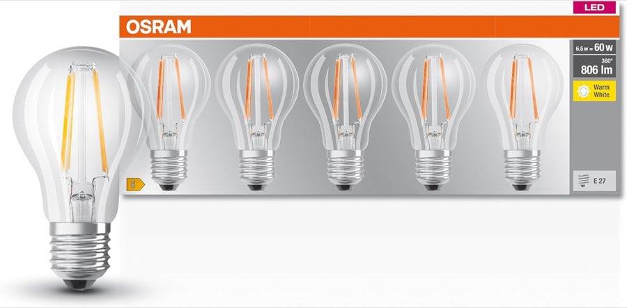 Osram Base Classic A, klar, 806 lm, 2700 K, 5er