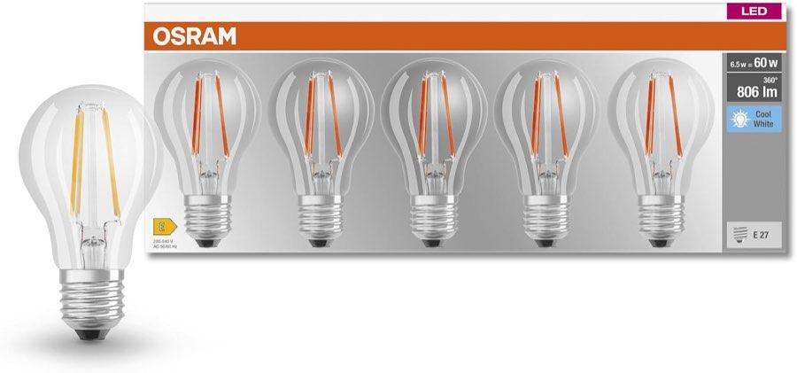 Osram Base Classic A60, klar, 4000 K, 806 lm, 5er