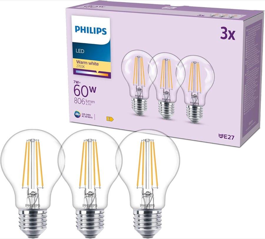 Philips Classic A60, klar, 2700 K, 3er
