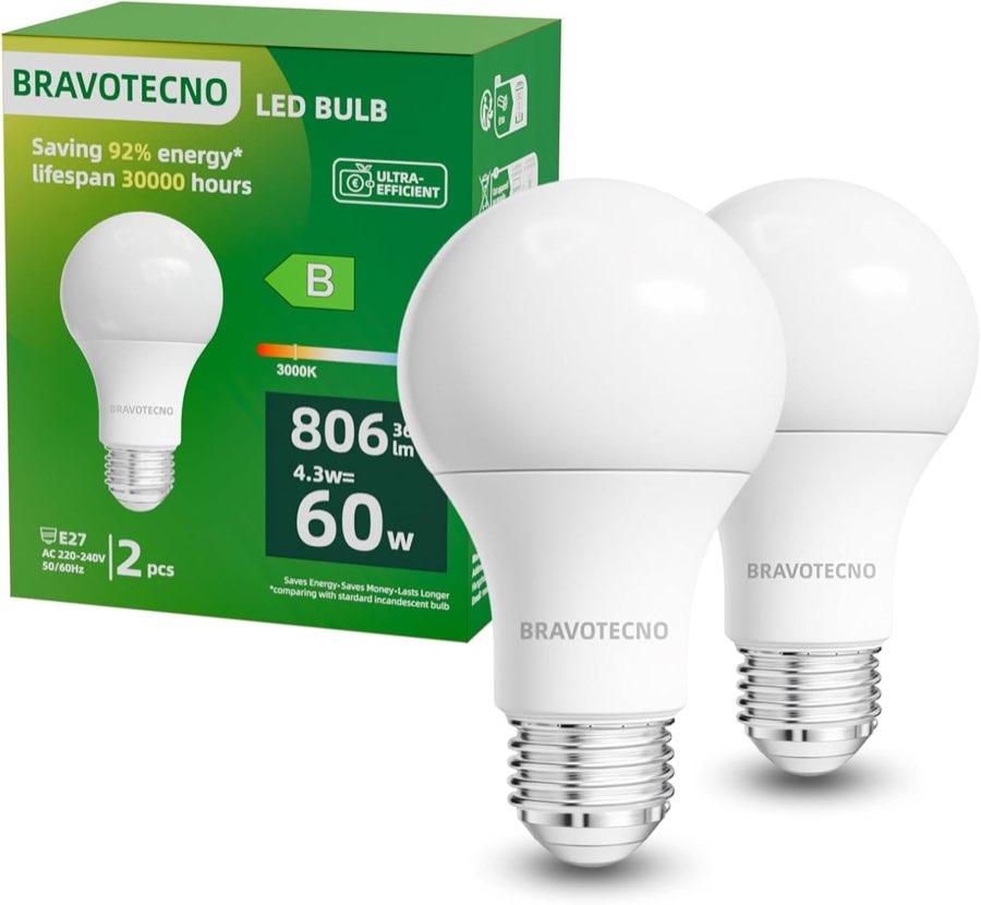 bravotecno E27 A60, 4,3 W, 806 lm, 3000 K, Klasse B, 2er