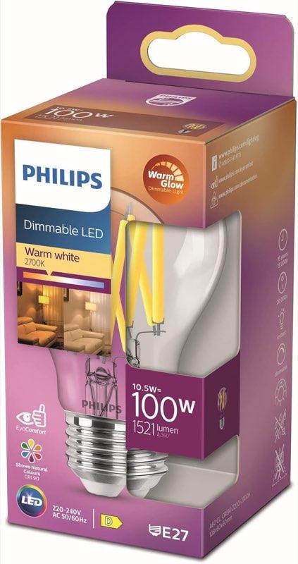 Philips E27 Filament Warm Glow, klar, Dim-to-warm