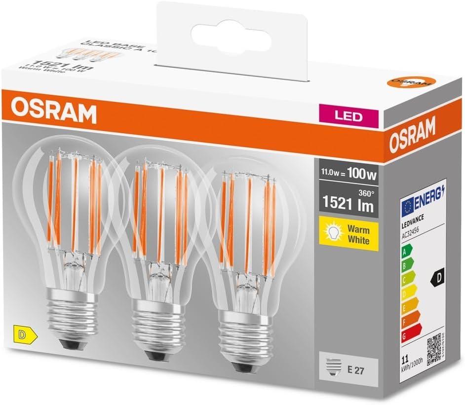 Osram LED Base Classic A, 11 W, 1521 lm, 2700 K, klar, 3er