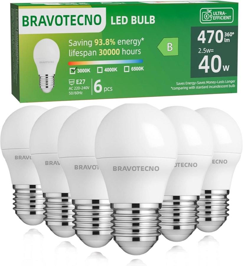 bravotecno E27 G45/P45, 2,5 W, 470 lm, 3000 K, Klasse B, 6er