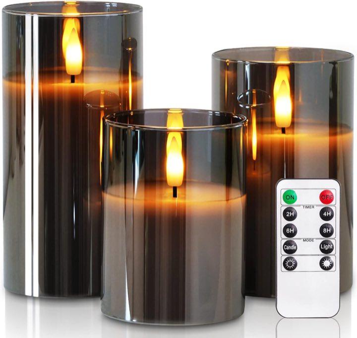 Homemory Homemory Glas-Stumpen 3er grau, Echtwachs, Fernbedienung, Timer