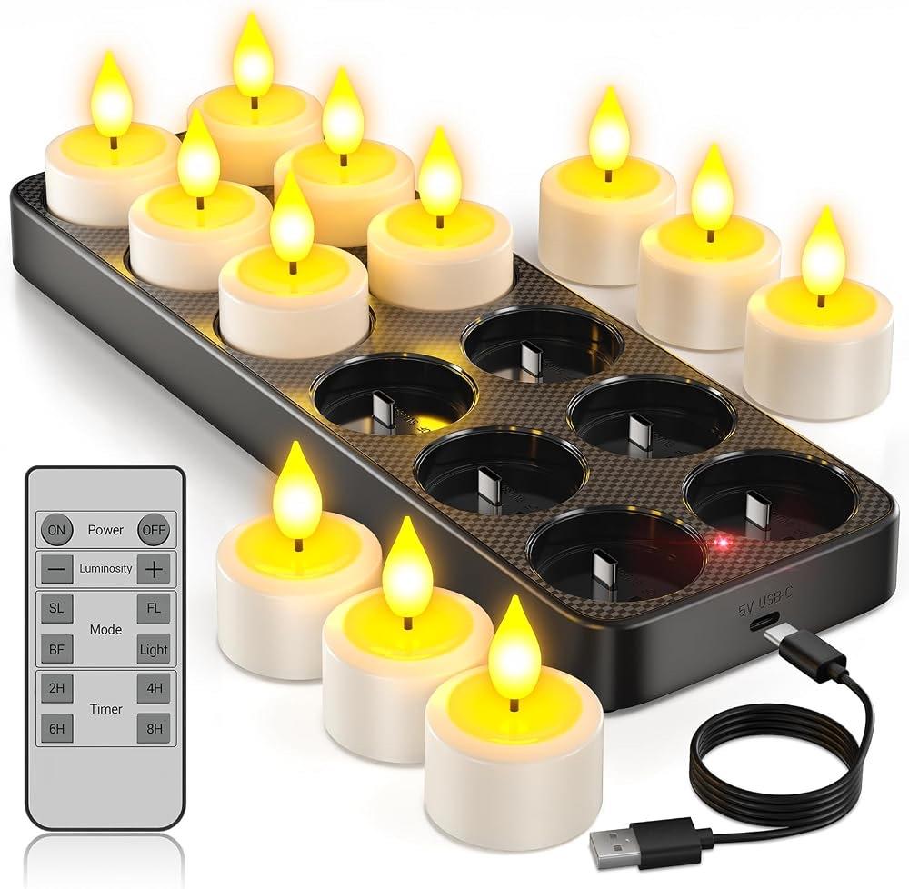 Yme 12er LED-Teelichter wiederaufladbar, Ladestation, Fernbedienung