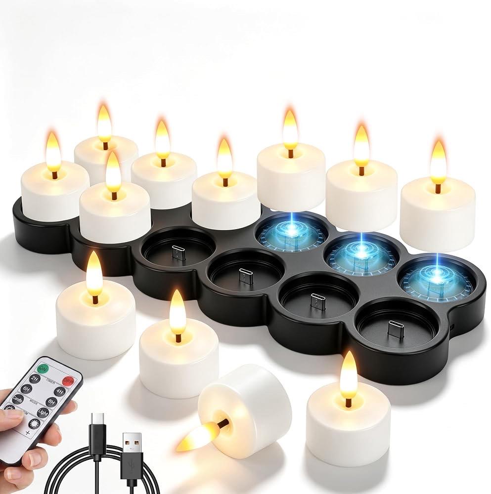 12er flammenlose Teelichter mit Ladesitz und Fernbedienung