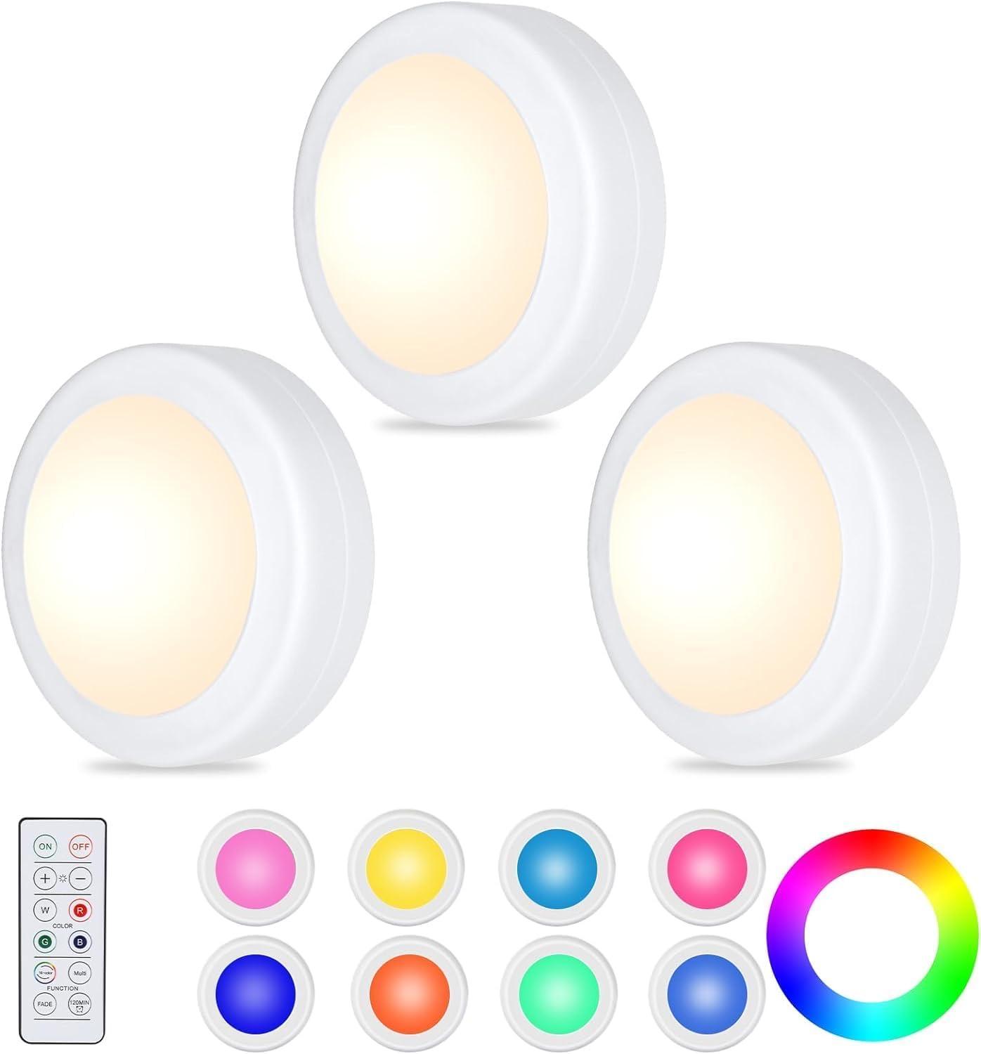 WUYOR LED-Puck, rund, 3er-Set RGB, Fernbedienung