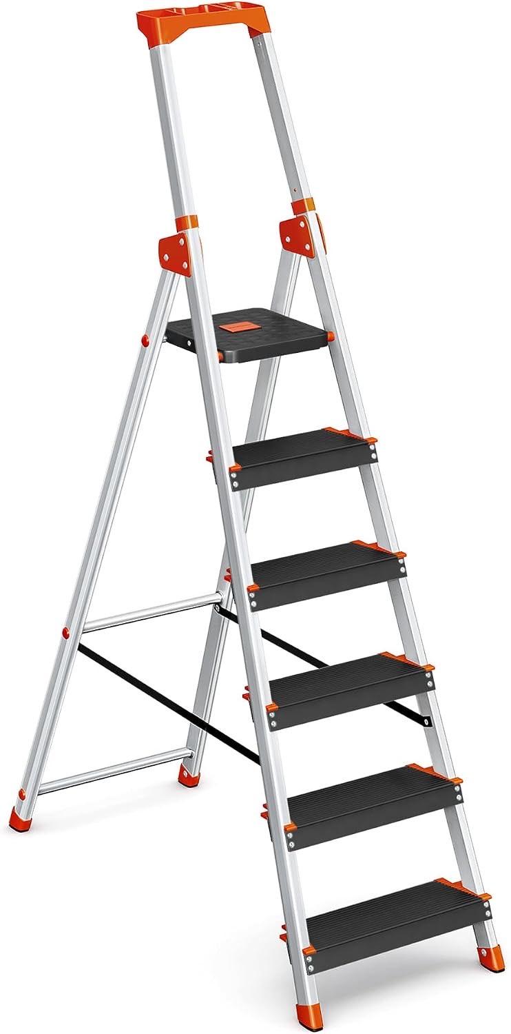 Haushaltsleiter 6 Stufen – Testsieger SONGMICS Aluleiter 6 Stufen mit Handlauf