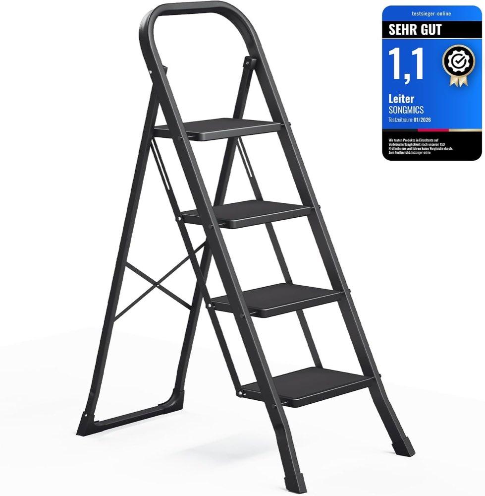 SONGMICS Trittleiter 4 Stufen Stahl Schwarz