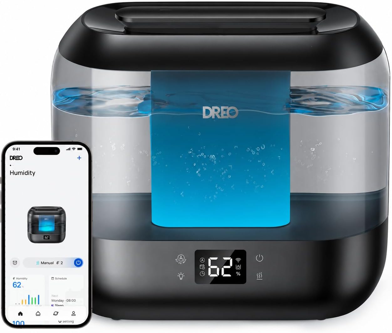 Dreo Smart Luftbefeuchter Schlafzimmer, 4 l, Top-Fill, Öl-Diffusor, Nachtlicht