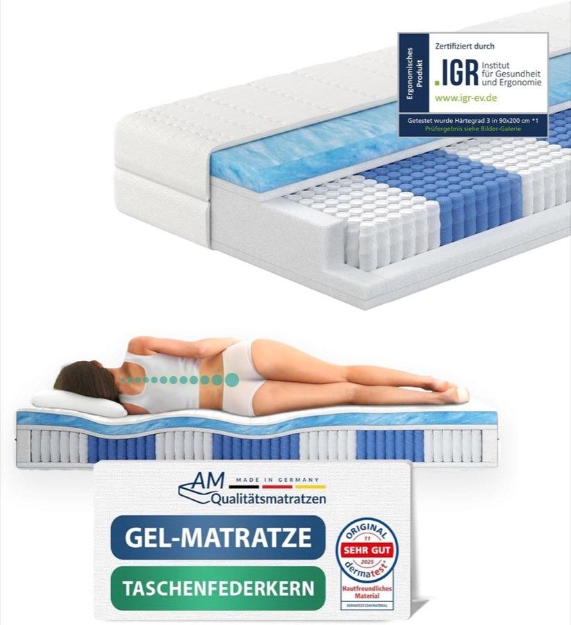 AM Qualitätsmatratzen AM Qualitätsmatratzen Gel-Taschenfederkern 90×200 H3