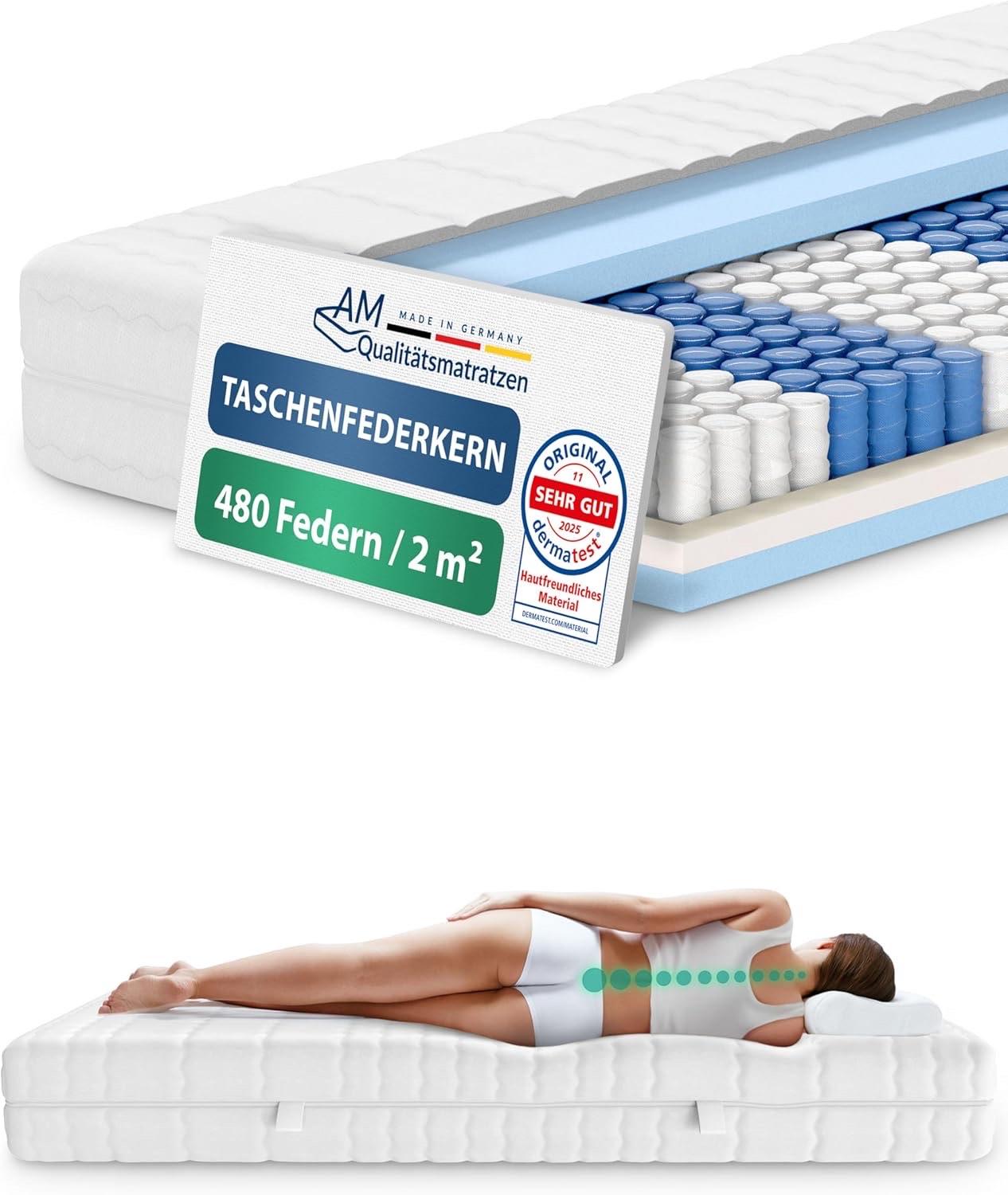 AM Qualitätsmatratzen 7 Zonen Taschenfederkernmatratze 90x220cm H3 20cm
