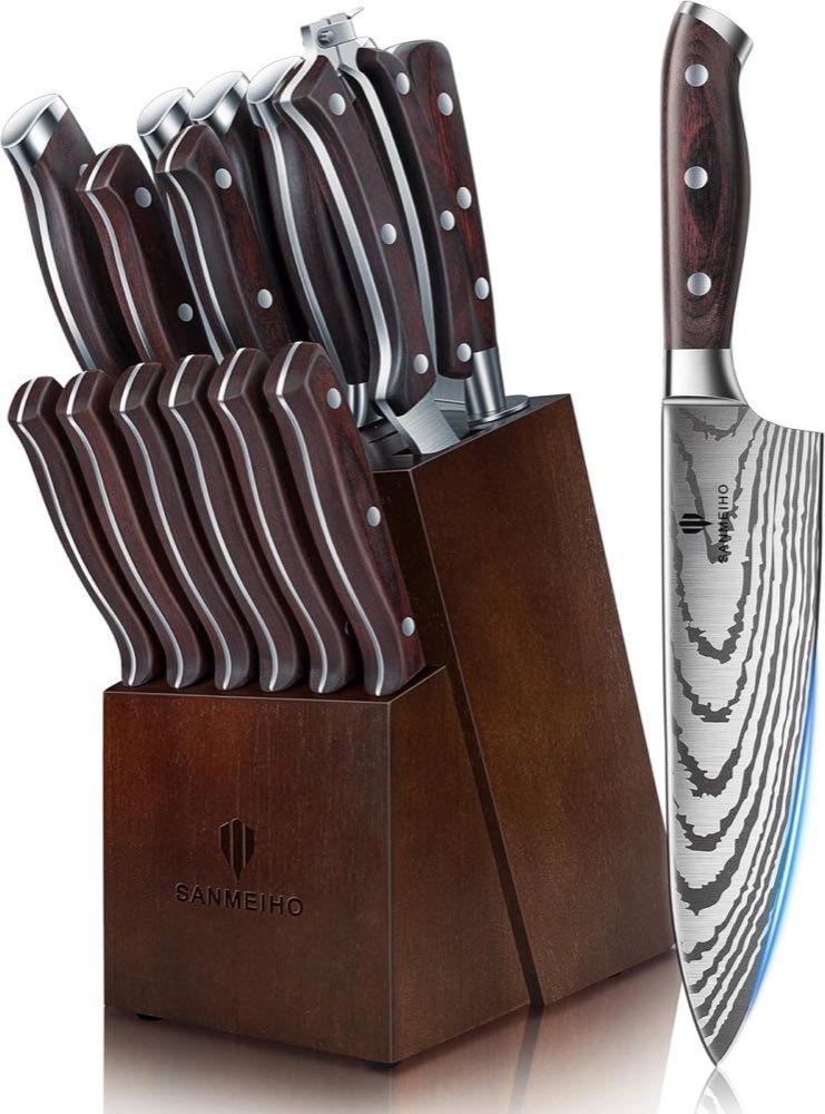SANMEIHO Messerset 16-teilig mit Holzblock