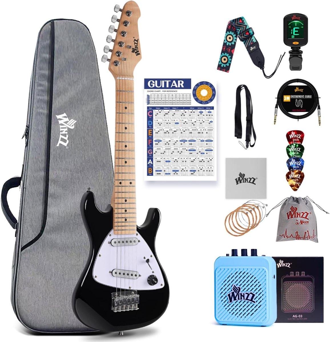 Winzz 1/4 Junior E-Gitarre, Glänzend Schwarz
