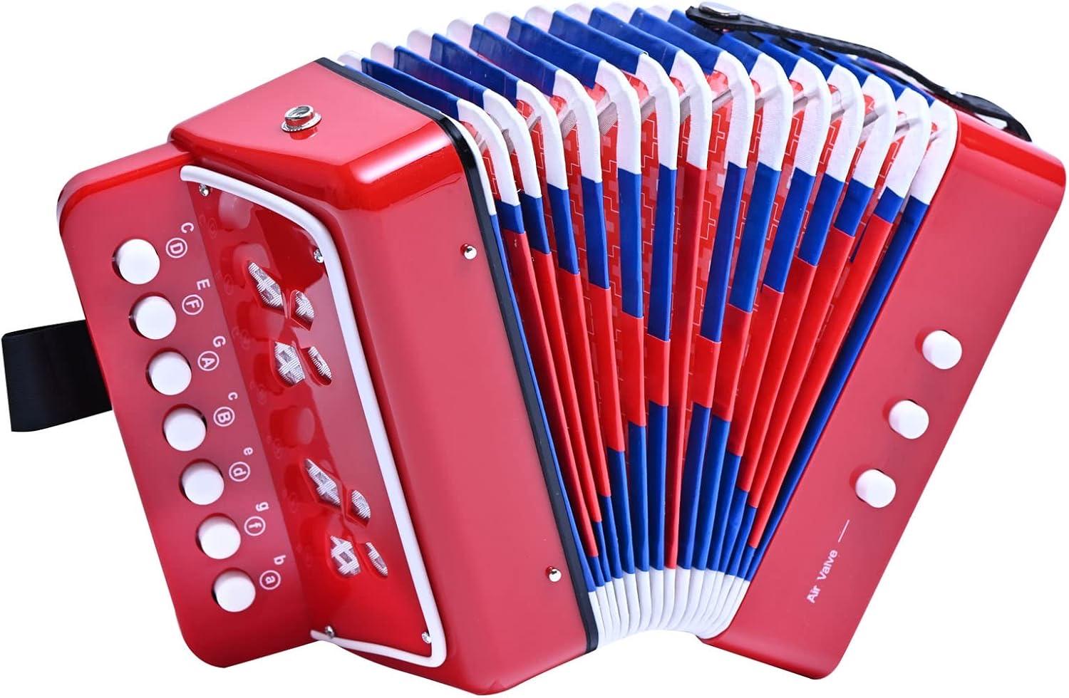 LIEKE Kinder Akkordeon 10 Tasten Knopf Spielzeug Accordion Ziehharmonika Musikinstrument Geschenk für Kinder Erwachsene Anfänger (Rot)
