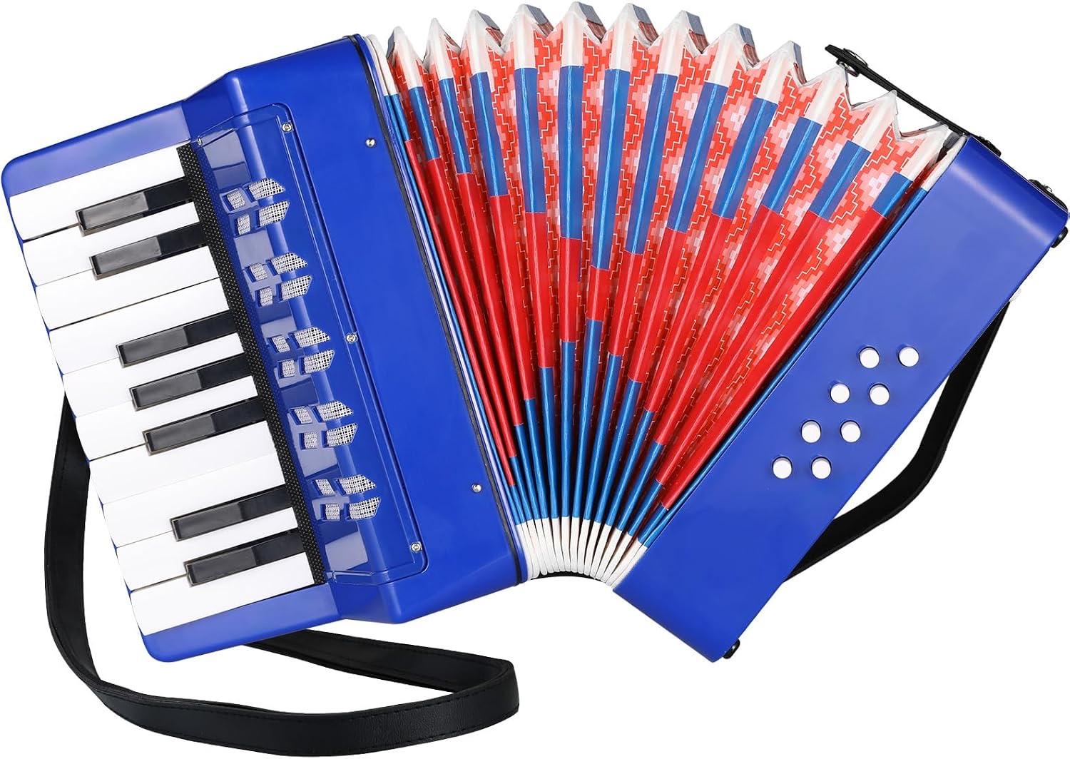 Akkordeon Kinder,17 Tasten 8 Bässe,Ziehharmonika Kinder mit Einstellbare Trageriemen,Erwachsene und 3 Jahre, Musikinstrument Geschenk für Anfänger,Blau