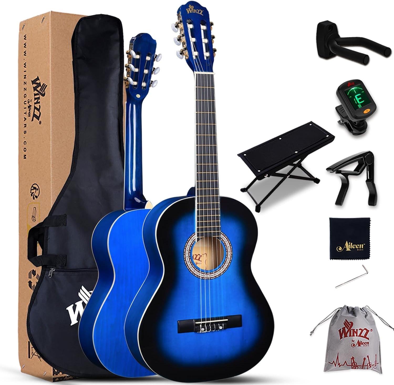 Winzz Konzertgitarre 3/4, Klassische Gitarre Anfänger Set für Kinder - Blau Glänzend (36 Zoll)