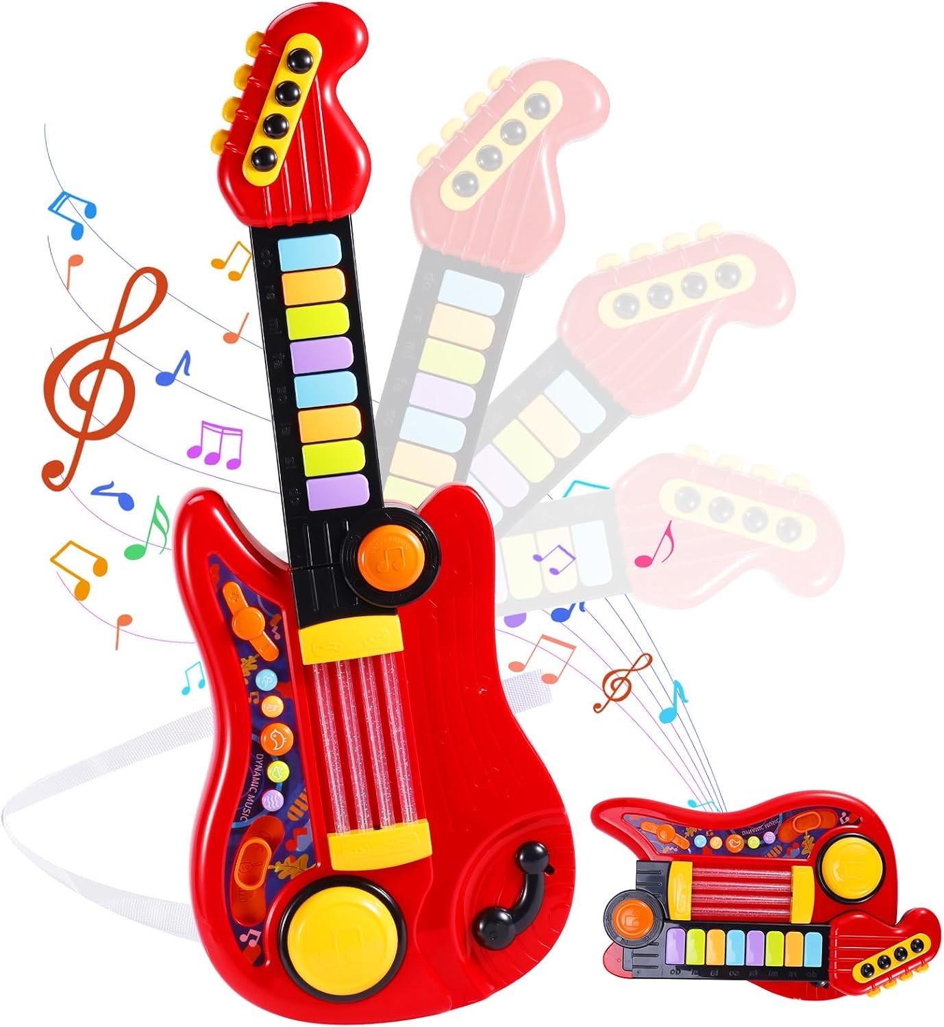 JONRRYIN Gitarre Kinder Spielzeug, 2-in-1 Gitarre und Klavier, 4 Spielmodi